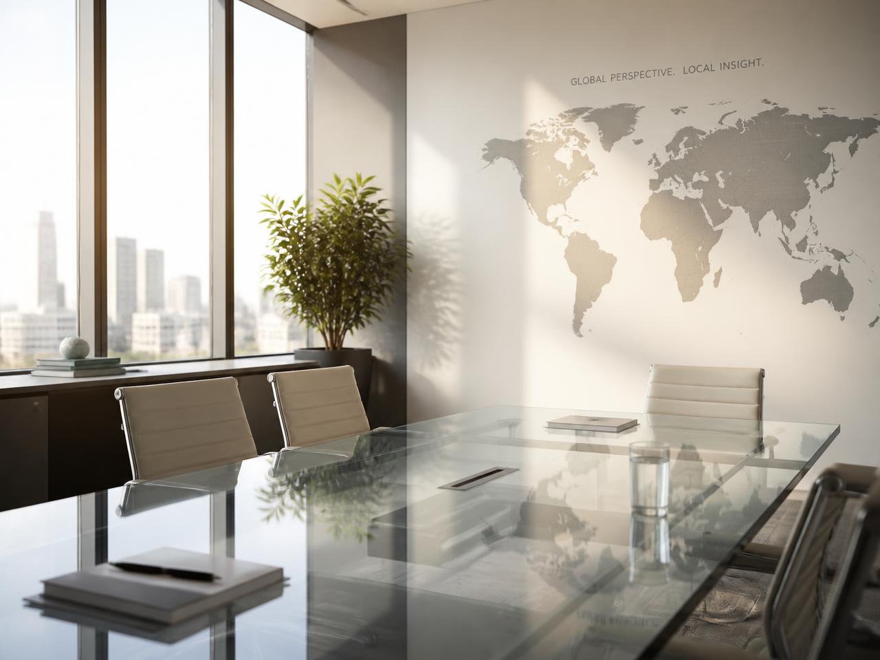 Modern consultancy office with a world map representing our global reach
